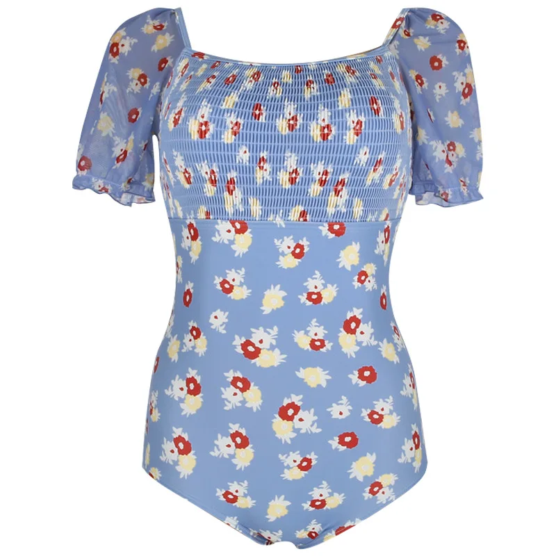 

New one-piece swimsuit female floral short sleeve conservative seaside hot spring holiday bikini Women