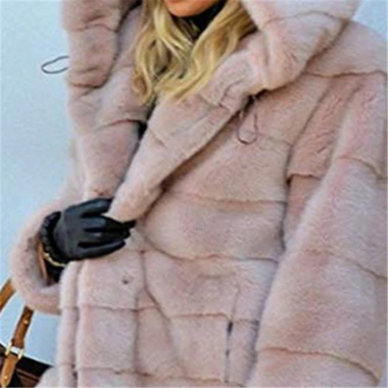 2023 New Winter Imitation Fur Mid-length Solid Color Loose Plush Hooded Coat Fashion Warm Jacket Women Thick Warm Fur Spliced