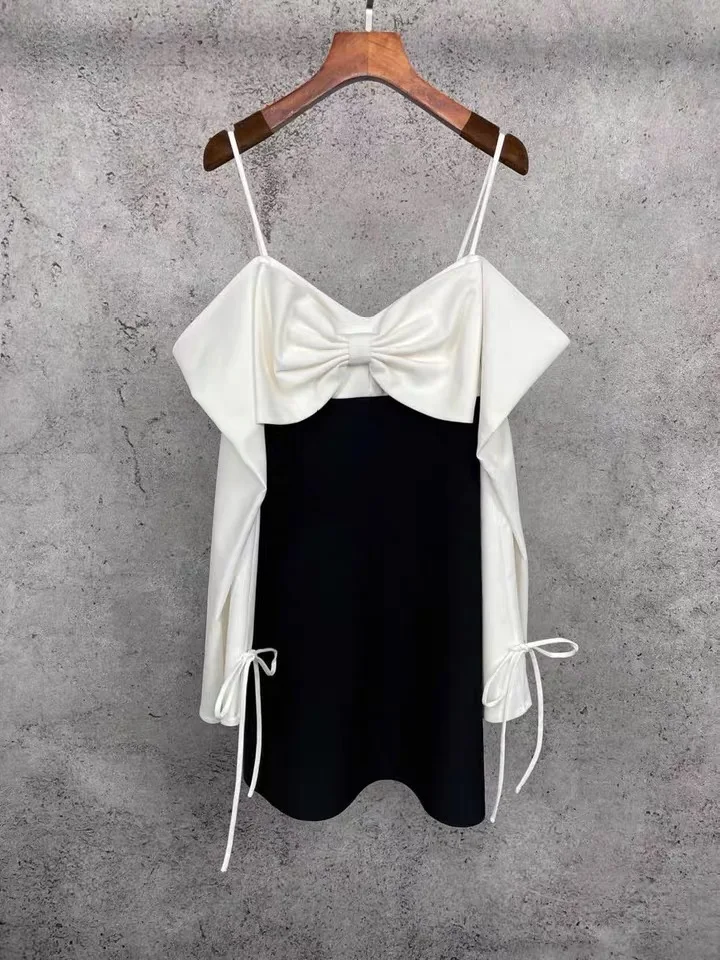 

Sweet Girls Dress for Women Big Bow Flare Sleeve Off Shouder Patchwork Bowknot Hit Color Party Mini Dresses Female Vestidos
