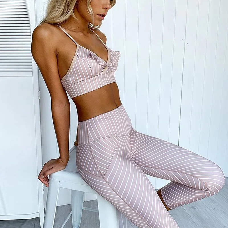 

Women Sport Suit Female Yoga Set Ensemble Tracksuit Ruffles Sexy Sportswear Fitness Workout Gym Wear Running Clothing Sports Bra