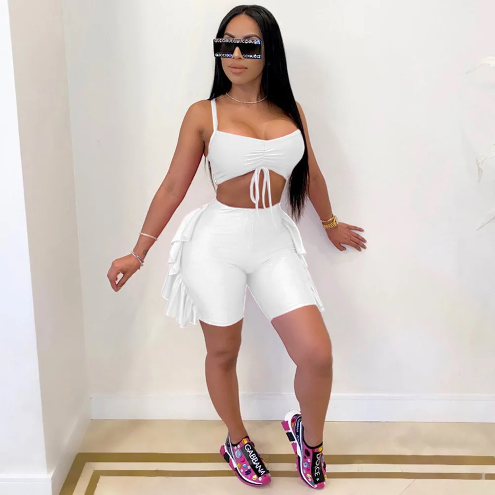 

Women Fitness Two Piece Outfit Sporty Matching Set Ruched Drawstring Cami Tops and Side Ruffles Biker Short Summer Beach Suits