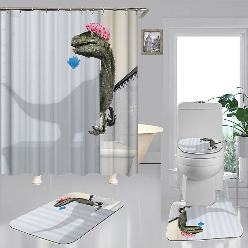 3D dinozor tasarımcısı yunus su geçirmez kumaş banyo perdesi duş perdeleri seti kaymaz kilim tuvalet kapak banyo paspası