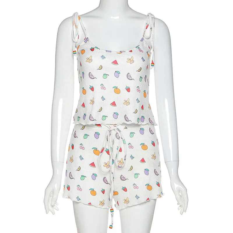 FASHSTREET Cute Fruit Print 2 Piece Set Lace Up Ruffles Camisole Top High Waist Drawstring Shorts Summer Women Party Streetwear |