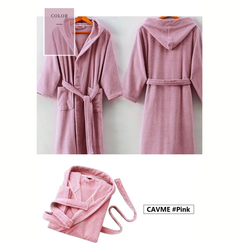 CAVME 2 Pink Purple Халат из чесаного хлопка и махровой ткани с капюшоном, халат для женщин и мужчин, длинные халаты размера плюс, халаты для отелей, плотная длинная ночная рубашка для отдыха - Цвет: CAVME 2 Pink Purple