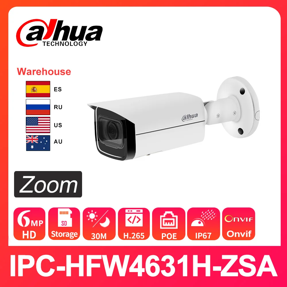 

Dahua IP Camera Security IPC-HFW4631H-ZSA HD 6MP 2.7-13.5mm 5X Zoom Night Vision IR60M Built-in Mic PoE H.265 IP67 IK10 Outdoor