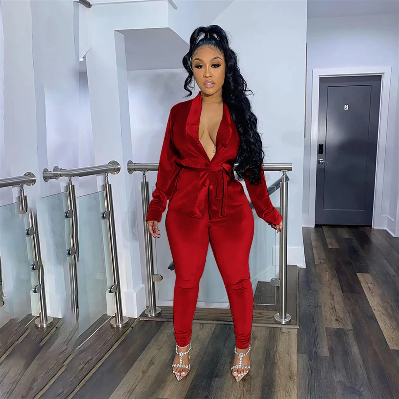 

Womens Two Peice Sets Lace Up Long Sleeve Top Pants Sets Velvet Velour Fabric Elegant Party Sexy Outfits Wholesale Dropshipping