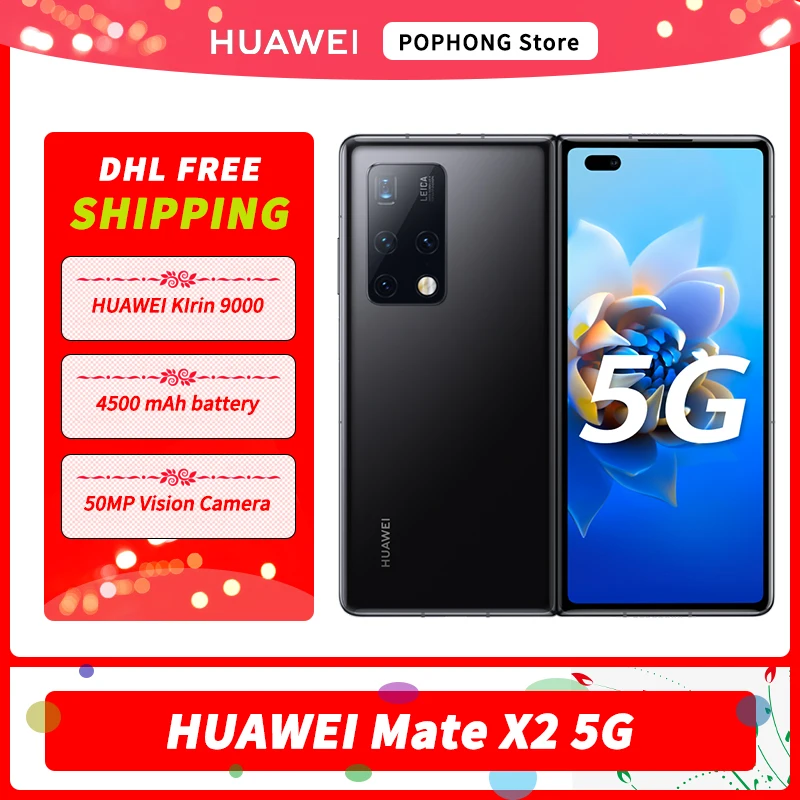 dhl free shipping huawei mate x2 5g mobile phone 8 inch folded screen oled kirin 9000 octa core 55w huawei supercharge nfc phone free global shipping