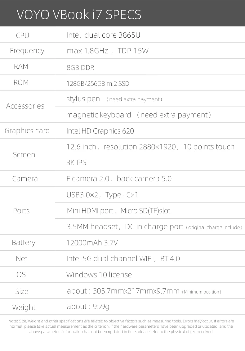 12,6 дюймов 2880*1920 Win10 VOYO Vbook i7 2 в 1 планшетный ПК Intel Двухъядерный 3865U 8G DDR 128/256G SSD Двойные камеры HDMI BT 4,0
