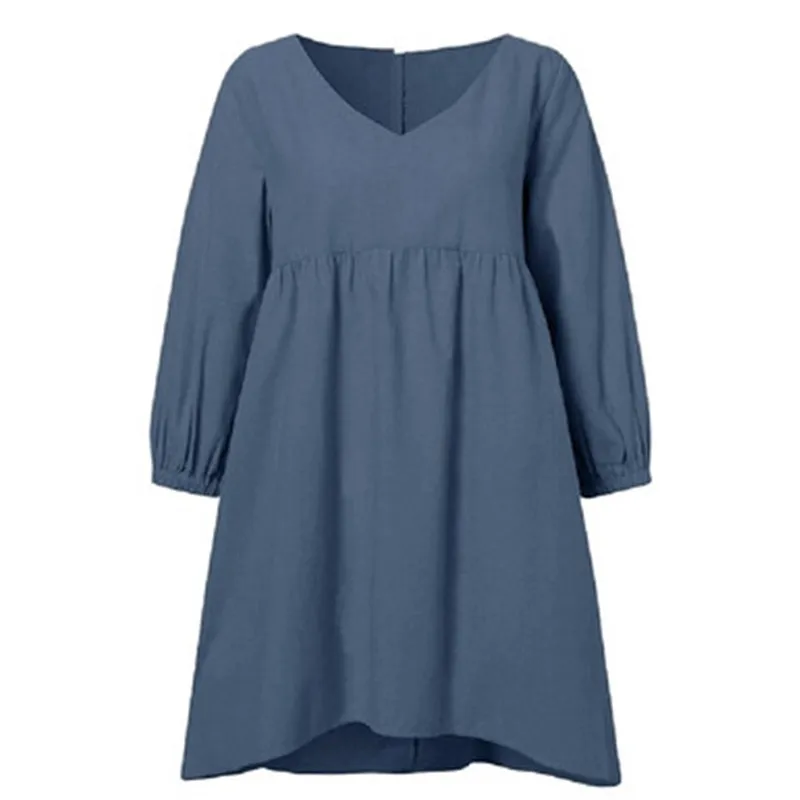 

S-5xl Spring Women's V-neck Dress Cotton Linen Stitching Wrist Sleeves Casual Loose Irregular Summer Plue Size Dress