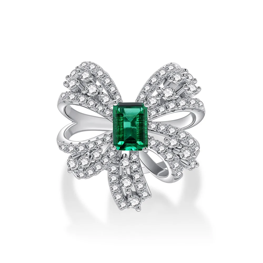 

925 Sterling Silver Bow Ring Luxury Full Diamond Cultivated Emerald Vintage Ladies Exquisite Jewelry