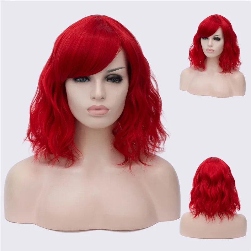 MSI Wigs, Короткие парики для косплея, фиолетовый, для женщин, кудрявый, красный, синий, парик с боковой челкой, зеленый, розовый, синтетический парик, жаростойкий