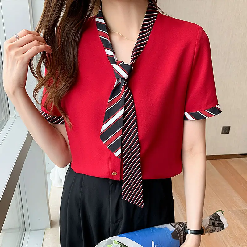 

2021 New Summer Women Blouses Casual Loose Student Red Short Sleeve Chiffon Shirts Fashion Elegant Office Lady Tops Clothing