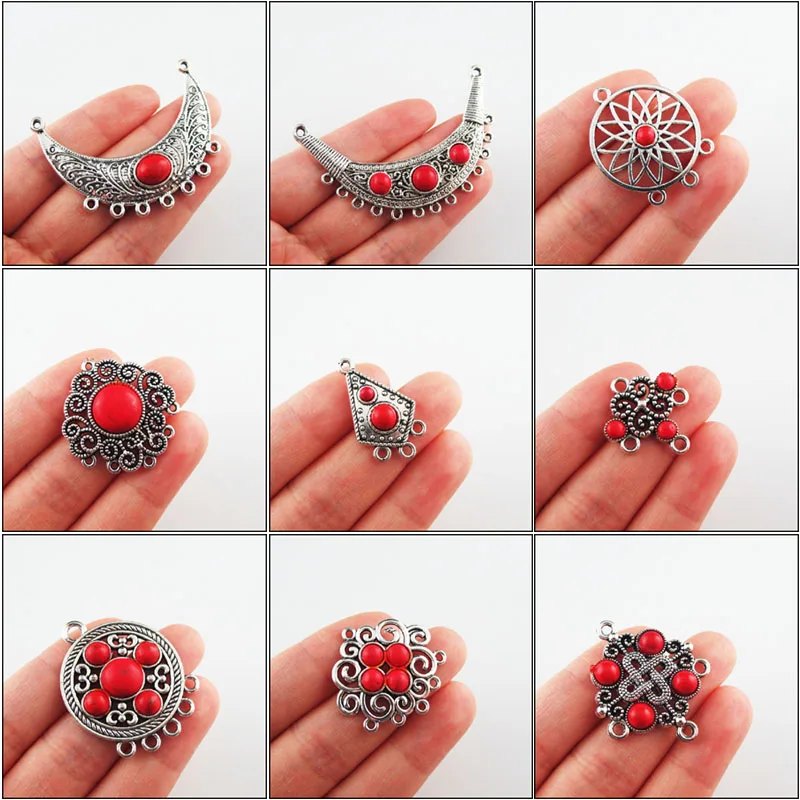 Новые Красные бирюзовые камни, искусственные цветы, луна, Круглые тибетские посеребренные подвески в стиле ретро