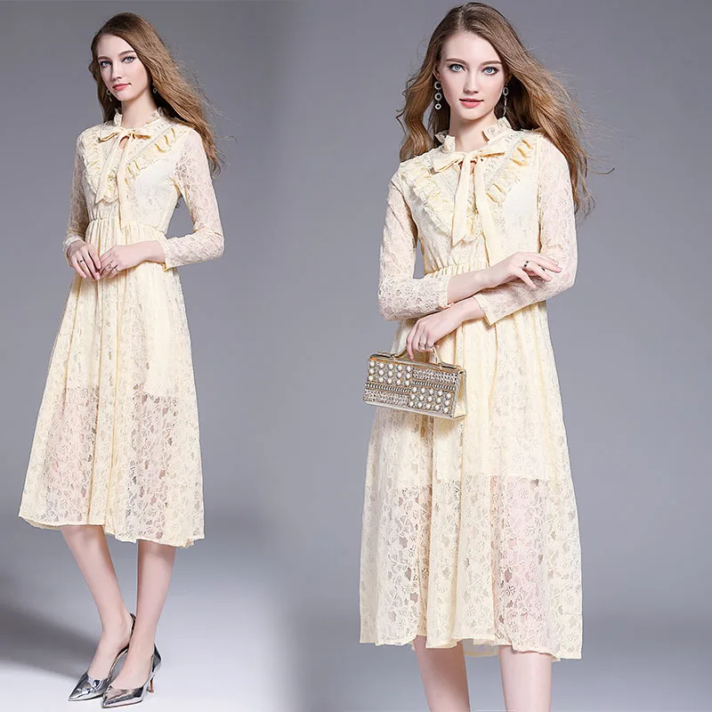 Новинка 2019 весеннее винтажное женское платье кружевное с высокой талией