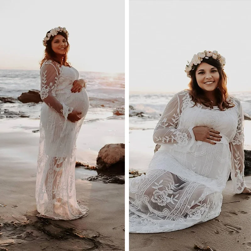 Accesorios de fotograf&iacute;a de maternidad, ropa de maternidad, Vestidos de encaje blanco, moda elegante para embarazadas, vestido Floral de encaje de ganchillo-3