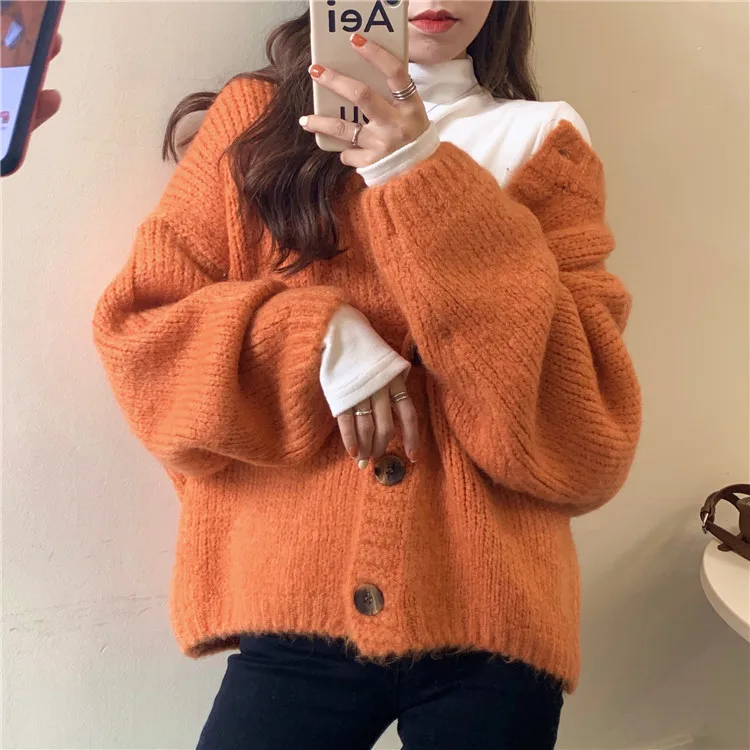 

Pure Color Women Cardigan Sweater Jacket Winter Fashion Knitted Sweaters Round Neck Long Sleeves Korean Tops Pull Femme Hiver