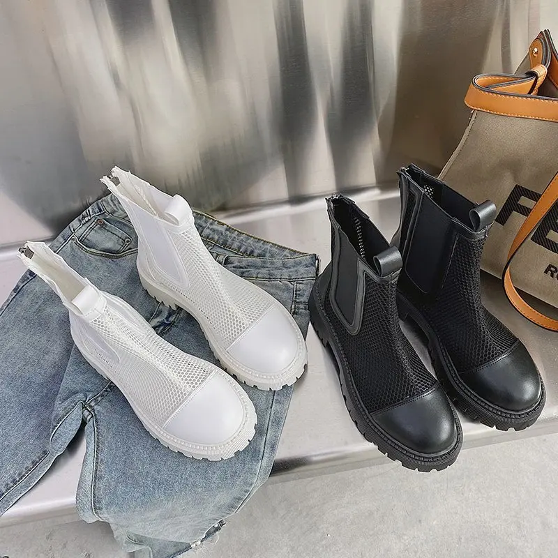

Spring Womens Martin Shoes Black Casual Womens Shoes Zipper Easy To Put on Take Off Single Shoes Mesh Breathable High-top Shoes