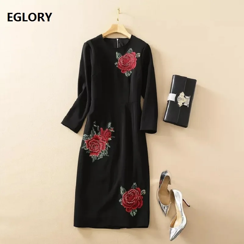 

Bodycon Dress 2021 Spring Fashion Style Women O-Neck Rose Floral Embroidery Long Sleeve Midi Party Black Dress Vestidos Feminino