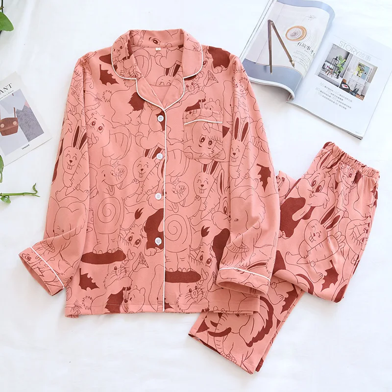 

100% Pure cotton Spring Couple pajamas sets women Korean simple cute animal Exquisite long-sleeve pyjamas women men sleepwear
