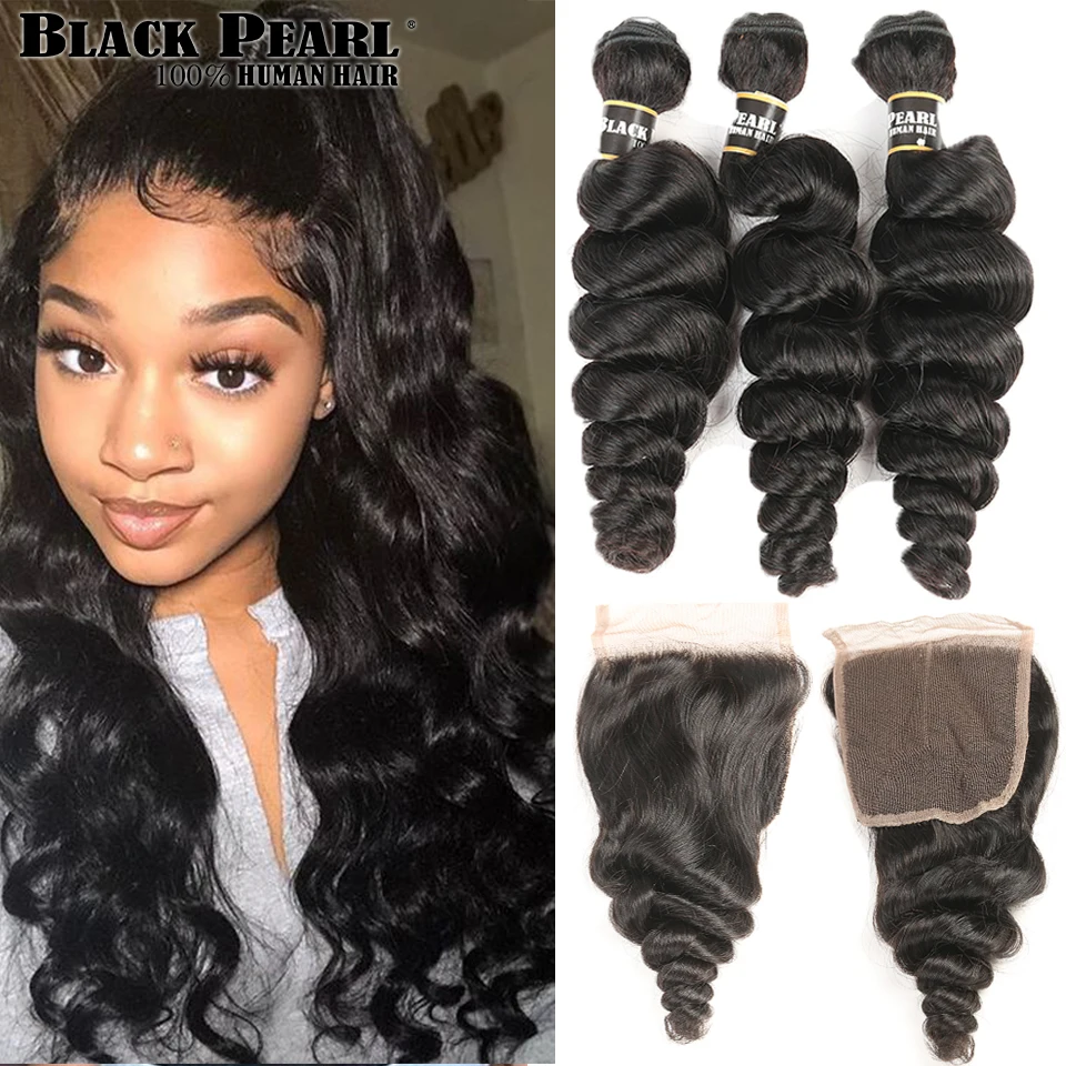 

Blackpearl Malaysian Hair Bundles With Closure Non-Remy Human Hair 3 Bundles With Closure 1B# Loose Wave Bundles With Closure