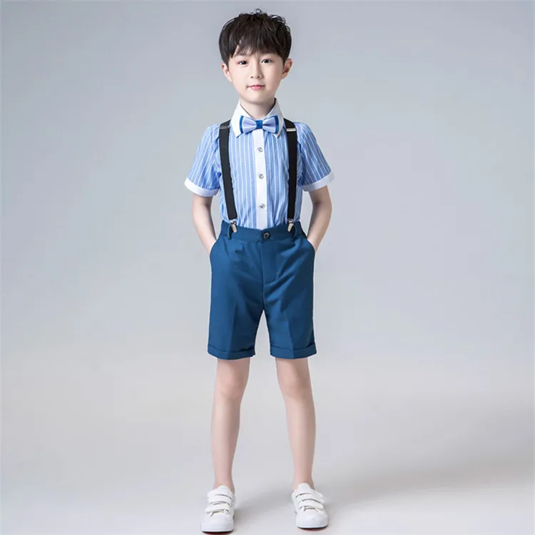 

Детский официальный костюм для мальчиков и девочек, комплект школьной формы для детского сада, рубашка + шорты + комбинезон + галстук, компле...