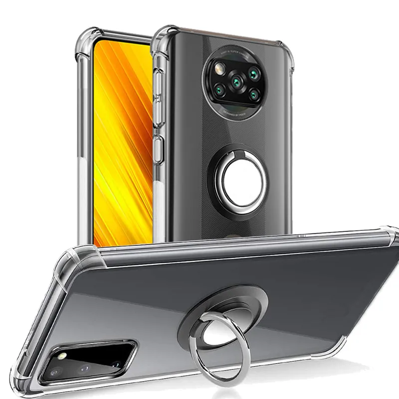 Metal Ring Holder Cover Poco X3 X4 Pro F4 GT 5G Silicone Clear Case For Poco M5 M5S M4 M3 Pro C40 Shockproof Cases Poco F3 Capa
