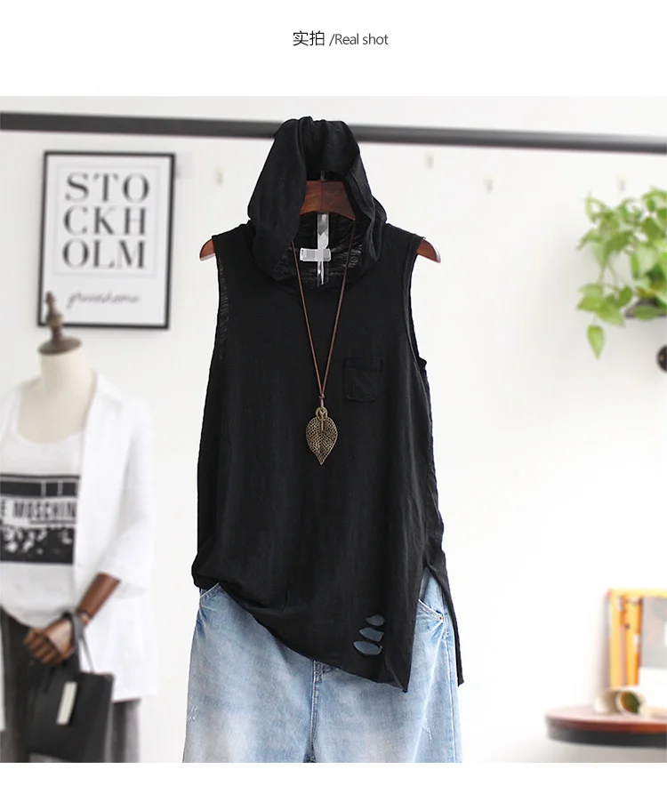 

Summer new style Korean women's loose and thin literary solid color hooded bamboo cotton outer vest suspender bottoming shirt