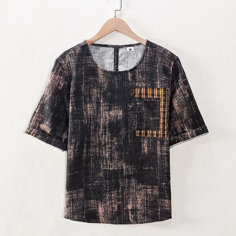 

Spring Summer Chinese Style New Retro Trend Youth Fashion Linen Hanging Dye Round Neck T-Shirt Casual Pocket Short-Sleeved Tops