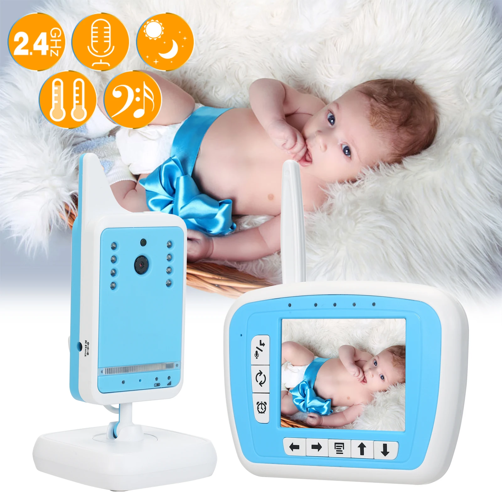

2.4GHz Wireless Baby Monitor + Camera support Auto Pair Plug and Play 2-way Talk IR Night View Temperature Flashlight Music VOX