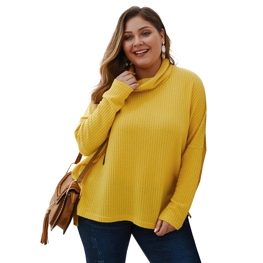 Plus size Solid Yellow Turtleneck Women sweater Autumn Elegant Long Batwing sleeve tops Casual side split office pullovers | Женская