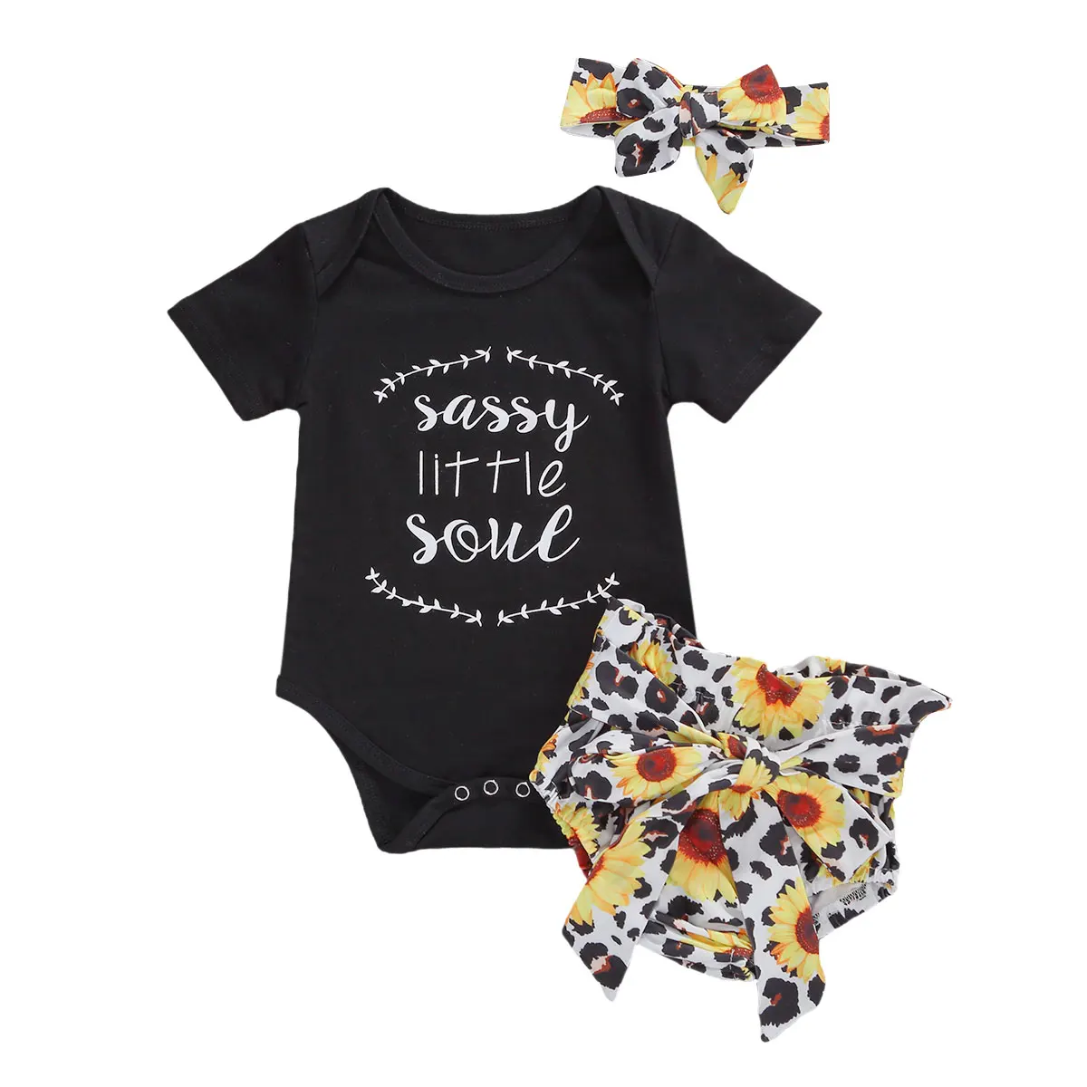 

2020 Summer Baby Girls Round Collar Short Sleeve Jumpsuits + Sunflower Print Shorts + Headband Set 0-18M Newborn Clothing