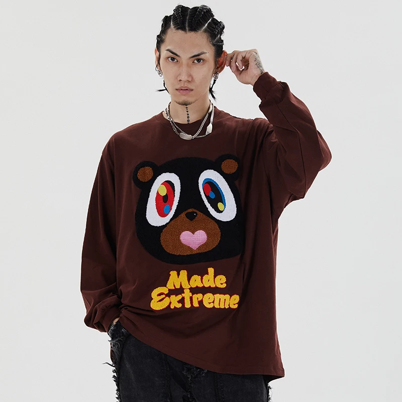 

Fashion Men's Sweater Cartoon Print O-Neck Brown Fleece Animal Patchwork Pullover 2021 New College Style Thin Couple Streetwear