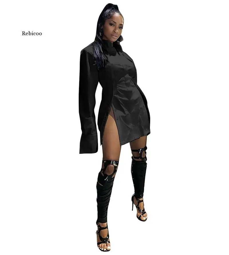 

Button Split White Long Sleeve Shirt Dress Women Clothes Fashion Sexy Mini Dresses Clubwear Vestidos