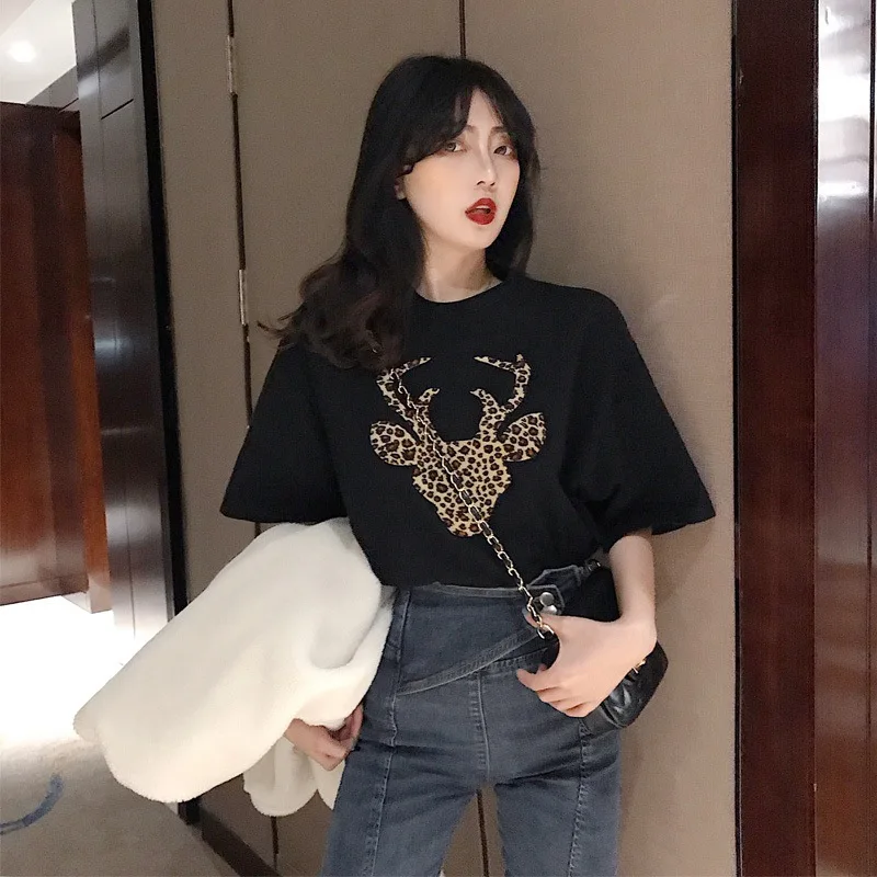 Женская футболка с леопардовым принтом и короткими рукавами|Футболки| |
