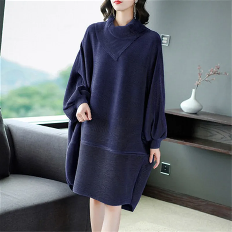 Miyake Сложите свободный большой размер отворот платье 2021 осень стиль бархат модный