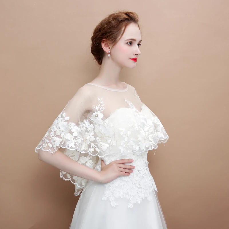 Champagne Embroidered Flower Wrap Elegant Women Sheer Summer Cape Hi-Lo Appliqued Shawl Bridal Wedding Accessories Handmade