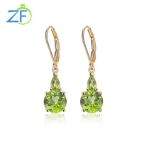 gz zongfa genuine 925 sterling silver drop earrings for women 3 carats round natural peridot 14k gold plated gem fine jewelry