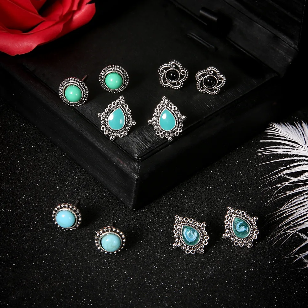 

5 Pairs Romantic Turquoise Stone Boho Earrings Stud Earrings Vintage Jewelry