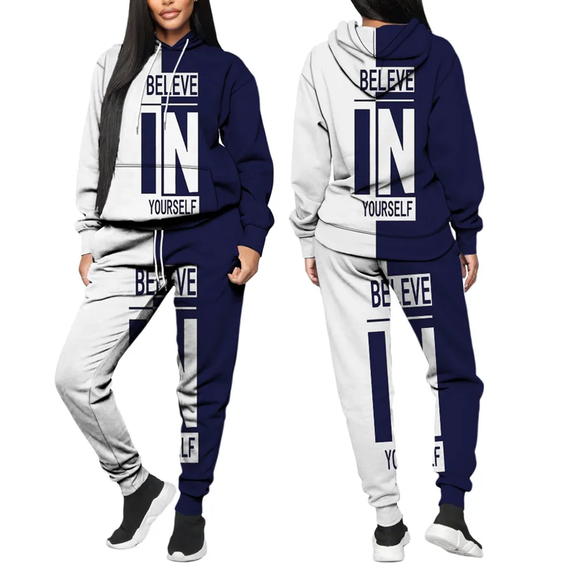 

Womans Sportswear Suit Hip Hop 3D Color Matching Printing Round Neck Hooded sweater Jogging Pants Suit Female Street Wear