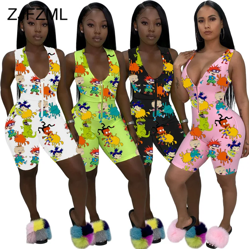 

Cartoon Character Print Rompers Womens Jumpsuit Summer Clothes Zipper Up One Piece Club Outfit Deep V Neck Sleeveless Playsuits