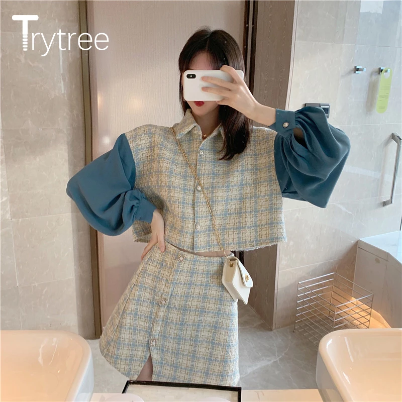 Trytree/2019 осенне зимний женский костюм из двух предметов повседневный топ в клетку