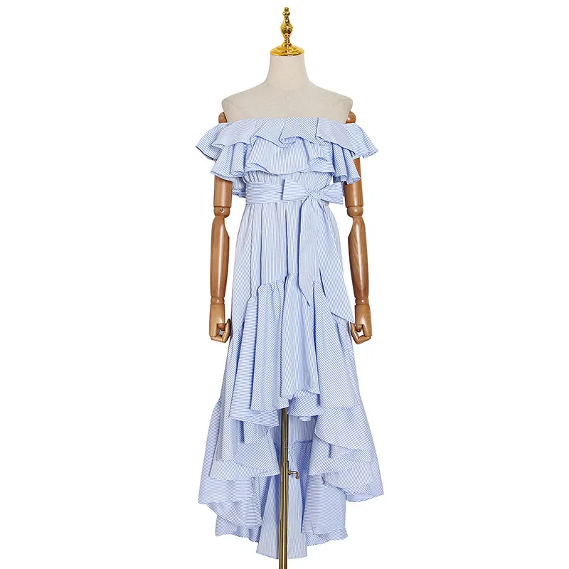 

Summer new fashion holiday style with striped collar sexy shoulder-exposed ruffled irregular dress for women
