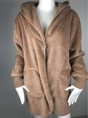 

Hooded Cardigan Fleece Coat with Pocket Women's Fashion Loose Solid Long Sleeve Jacket Female Winter Plush Coat Women Clothing