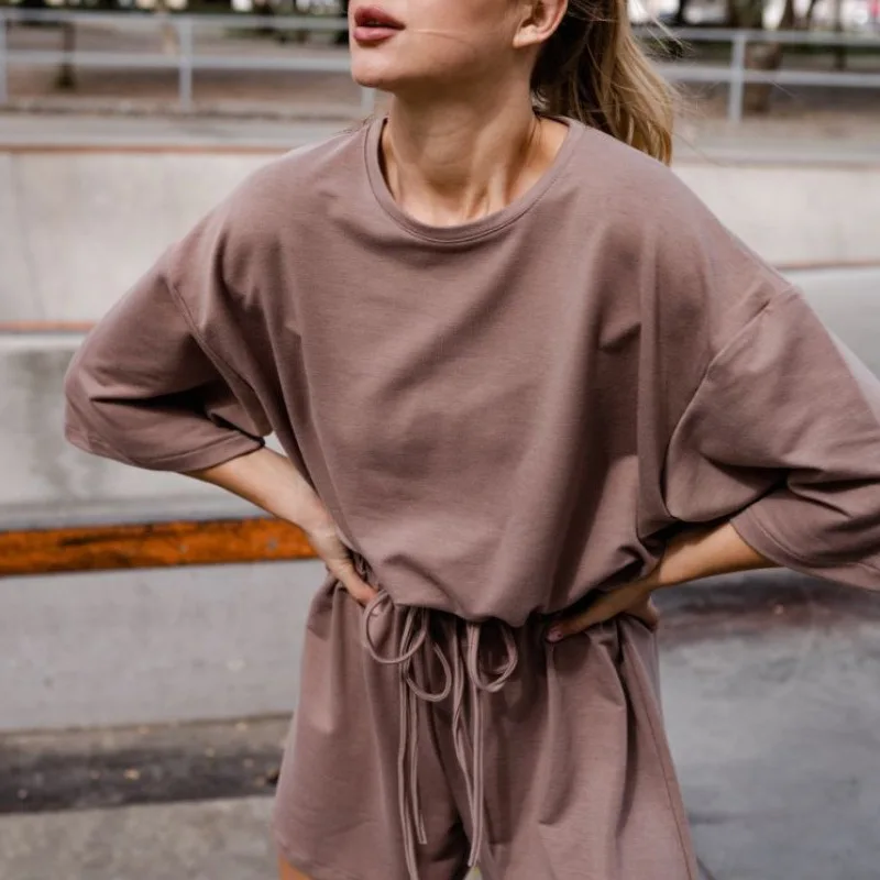 

2pcSummer tracksuits womens two peices set leisure outfits cotton oversized t-shirts drawstring loose T-shirt Shorts candy color