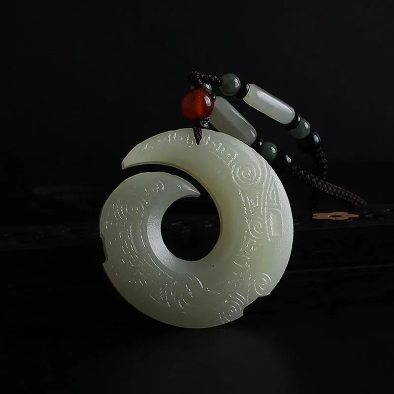 Natural White Chinese Jade Rune Pendant Fashion Necklace Charm Jewelry Double-sided Hollow Carved Amulet Gifts for Her Men | Украшения и