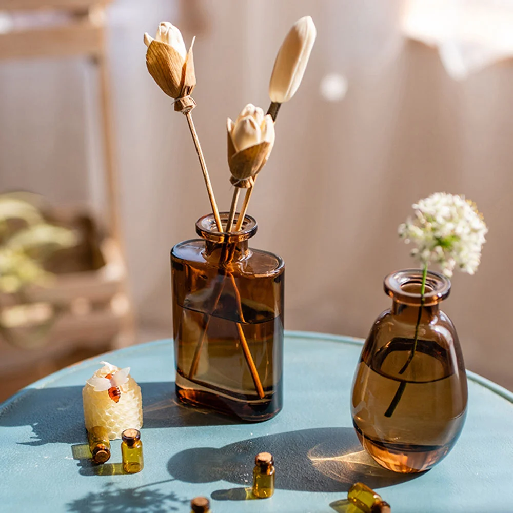 

Mini Brown Glass Vase Simple Fresh Flower Vase Table Decor Floral Bottle Plant Hydroponic Container Home Window Sill Ornaments