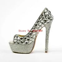 new fashion crystal pumps platform princess bride rhinestone diamonds studs bling platform peep toe 160mm high heel shoes