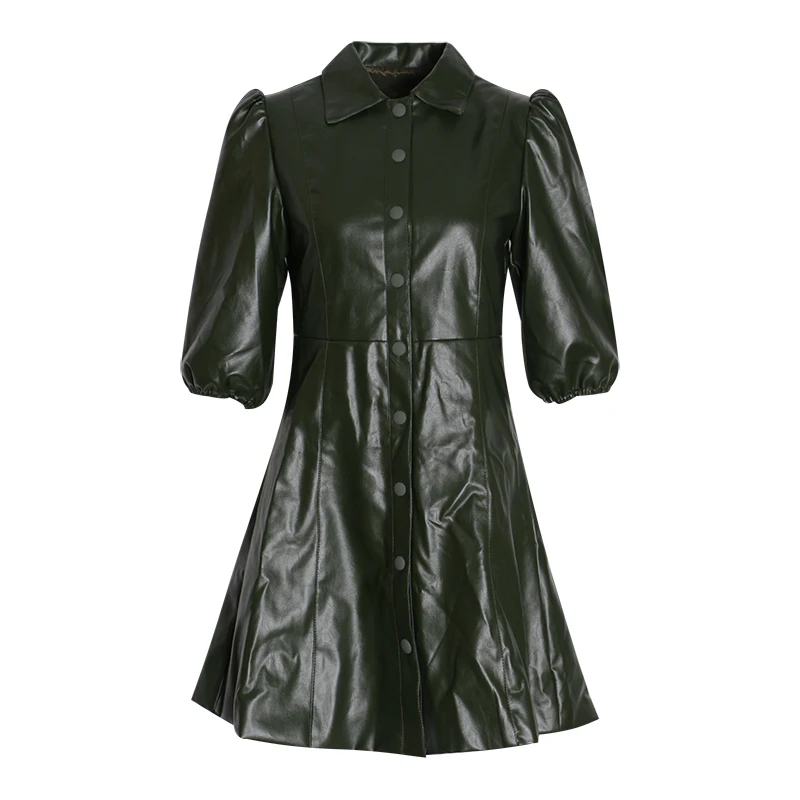 TWOTWINSTYLE Платье из искусственной кожи для женщин, воротник с лацканами, рукав-фонарик, высокая талия, мини платья для женщин, осень, большой размер, модная новинка