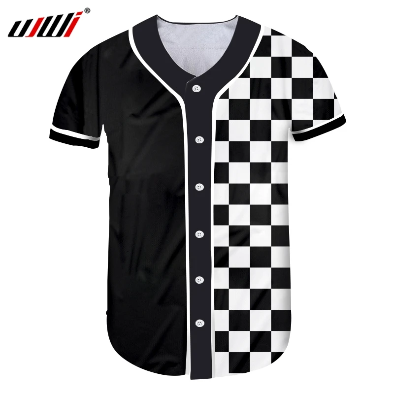 

UJWI Summer Man New Button T-shirt Short 3D Printed Black and white plaid Streetwear Big Size Costume Unisex Baseball Shirt