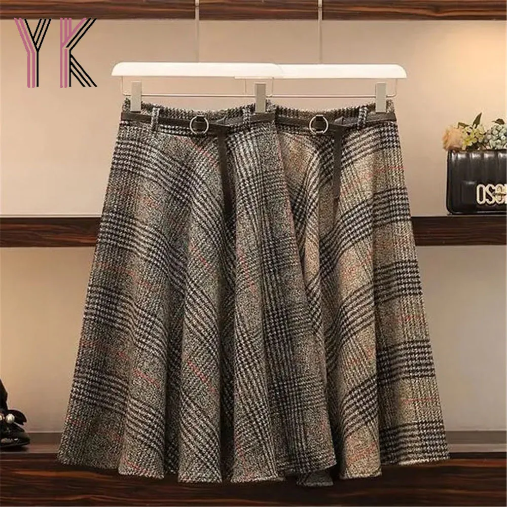 

Vintage Brown Plaid Back Elastic High Waist A-Line Midi Skirts Korean Aesthetic Mom Sukienka Loose Autumn Winter Pleated Saia